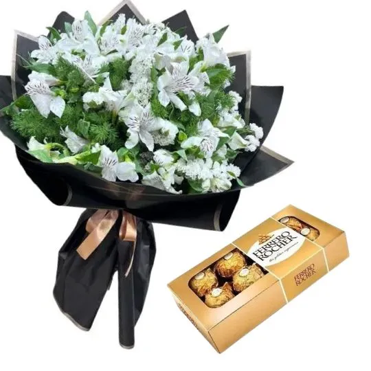 Ramo de flores astromelias blancas y rocher x8